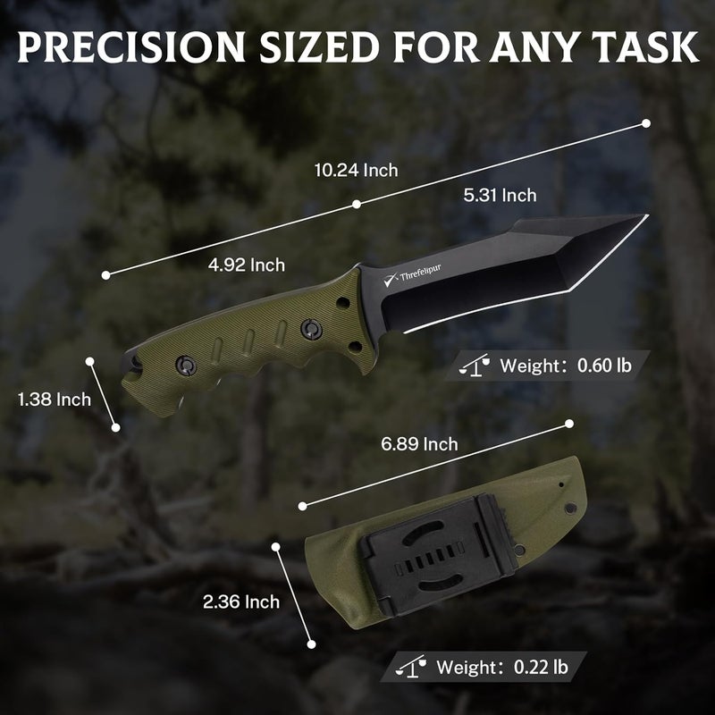 Threfelipur Tanto Camping Knife for Men, D2 Steel Fixed Blade Tactical Survival Knife with Sheath - Compact & Portable for Outdoor Hiking, Bushcraft, G10 Handle - Green - Image 3
